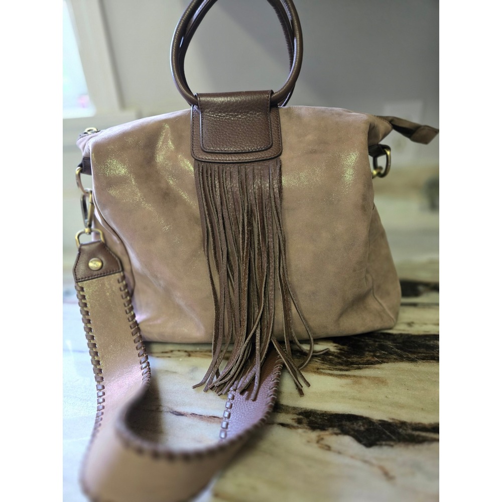 HOBO Taupe Metallic Leather Fringe Satchel Crossbody Velvet Hide Leather Western - Picture 4 of 16